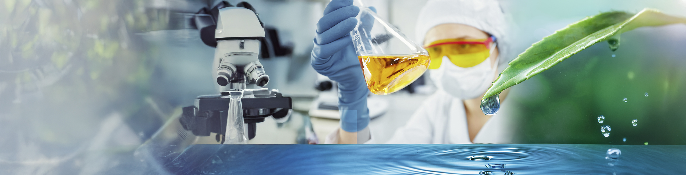 hoja gota agua  y en segundo plano un persona trabajando con quimica