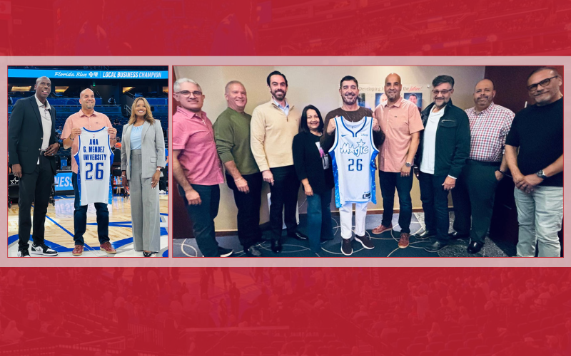 Presidente de UAGM y AGMU junto al equipo de trabajo presenta camisa de los Orlando Magics.