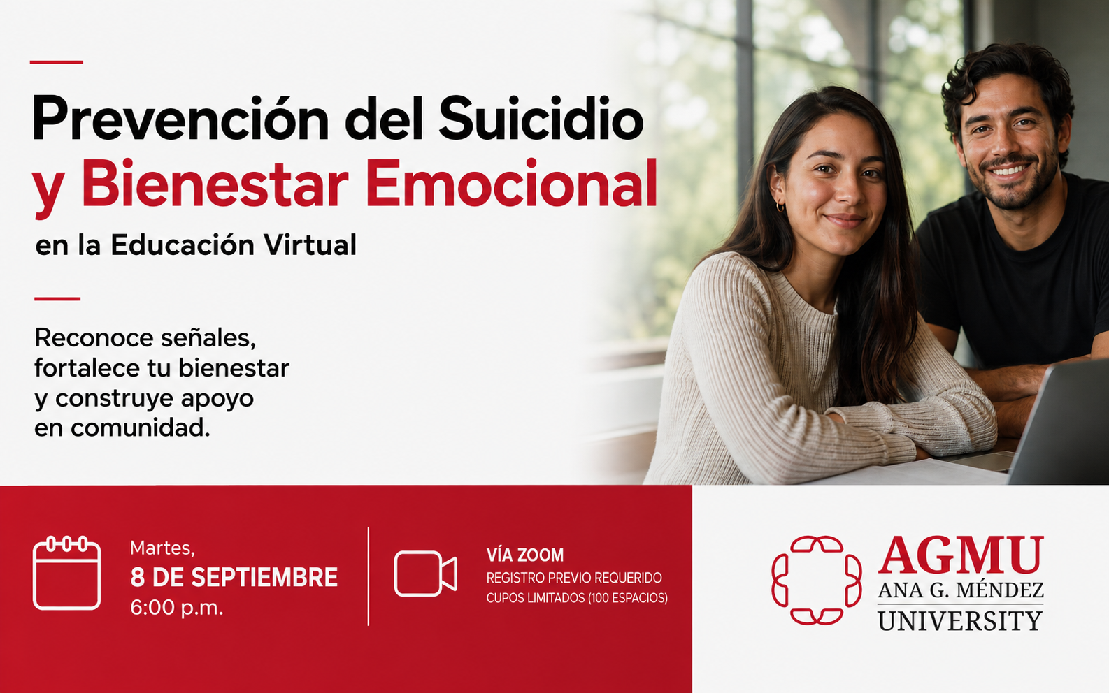 Promo - Prevencion de Suicidio. Hombre y mujer con laptop miran al frente. Info: Martes, 8 de septiembre  6:00 p.m. Vía Zoom